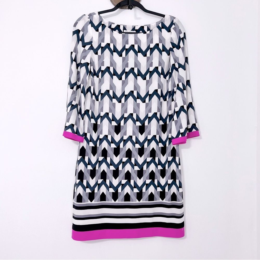 Eliza J Geometric Print Shift Dress Pink Trim 3/4 Sleeve Classic Lined Retro